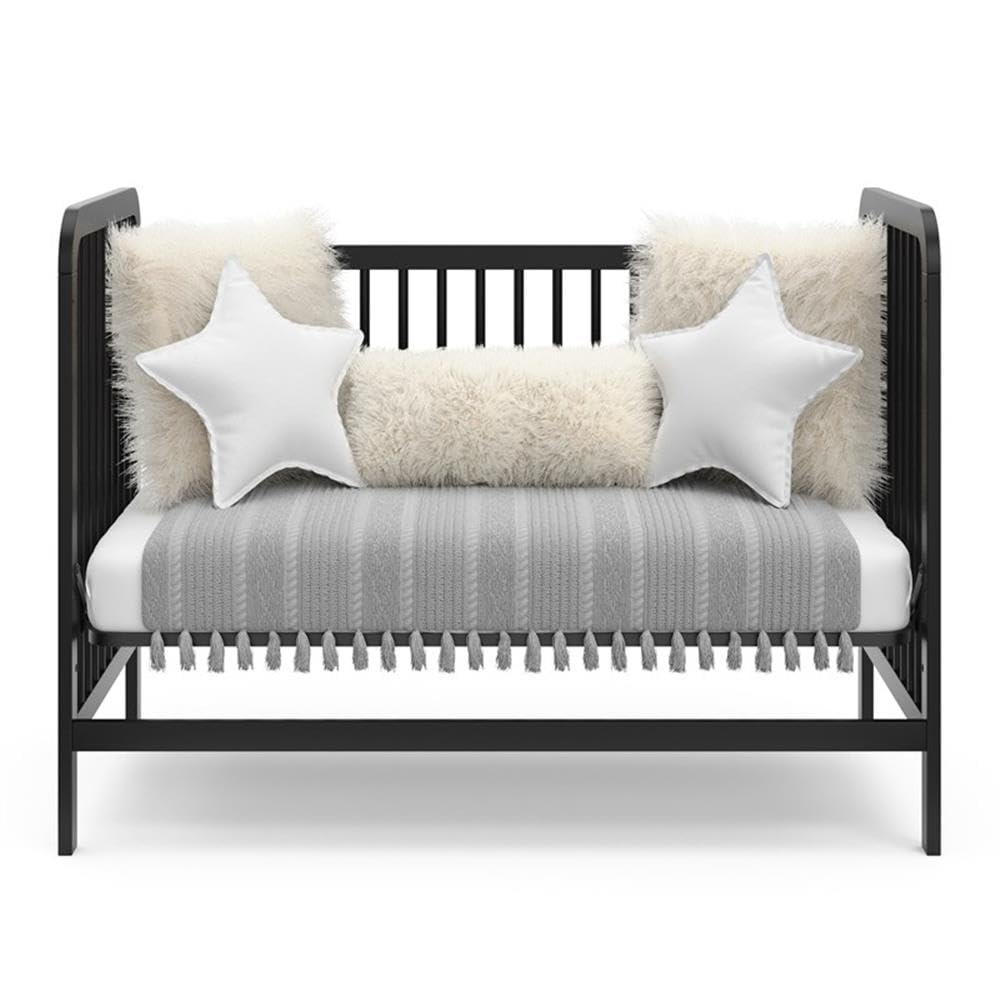 Pemberly Row 3-in-1 Convertible Crib, 53.8" Pine Wood, Black Finish, Adjustable Mattress Base, GREENGUARD Gold Certified, Modern Design Baby Crib to Toddler Bed and Daybed for Nursery Use