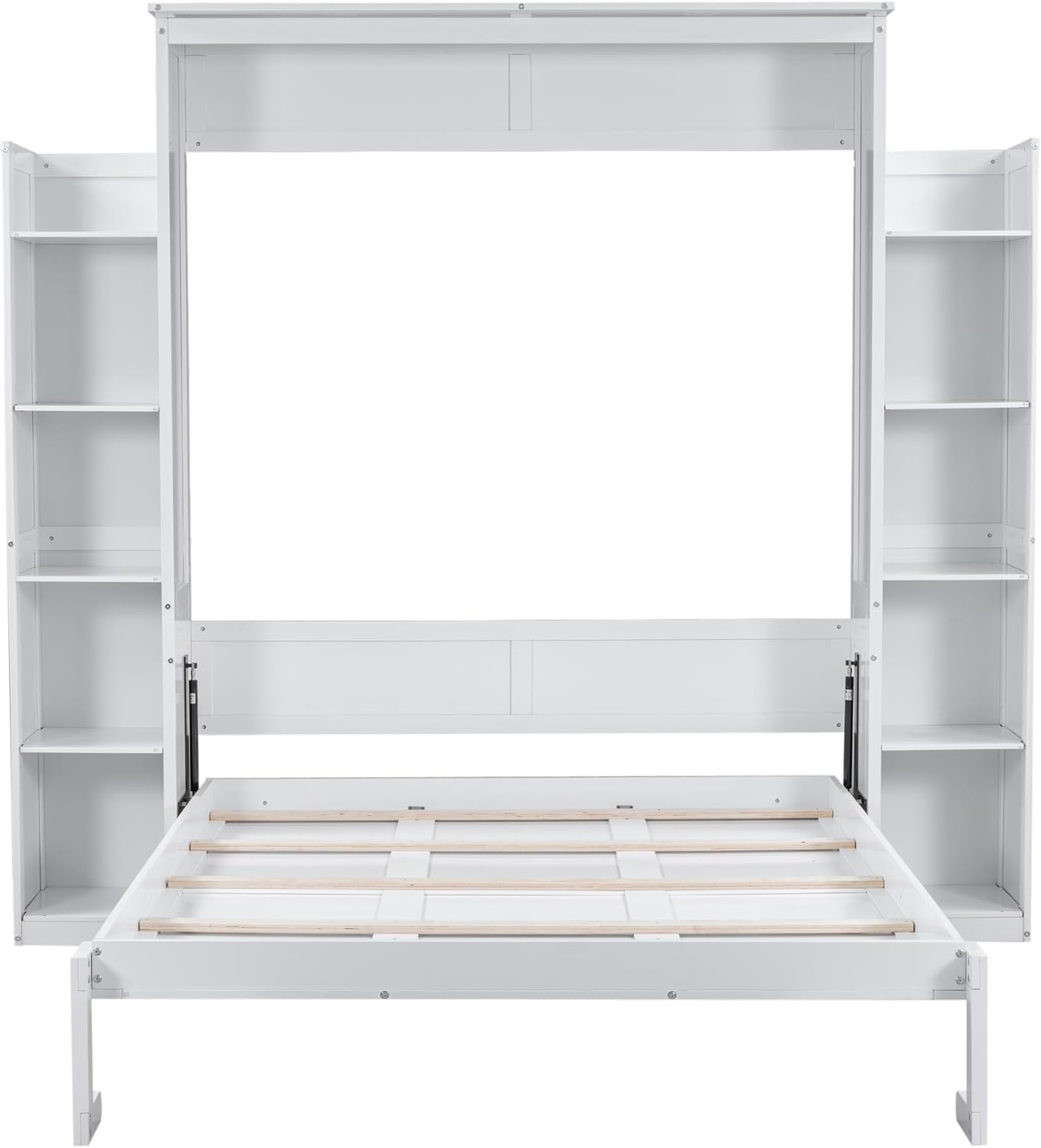 MERITLINE Queen Murphy Bed with Storage Shelves and LED Lights, Wood White Murphy Wall Bed Cabinet with Bookcase Bookshelf for Adults