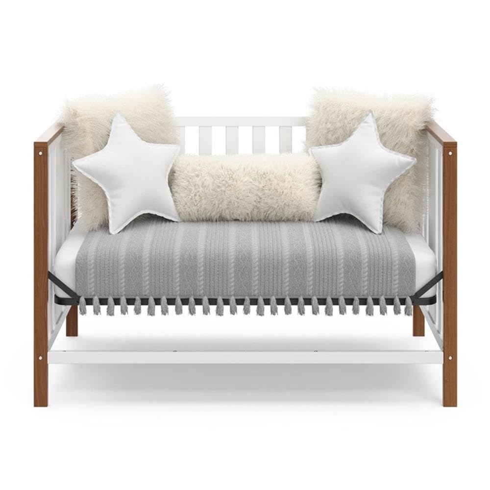 Pemberly Row Wood 4-in-1 Convertible Crib, 54.57 in Wide, Adjustable Mattress Base, White/Driftwood Two-Tone Finish, JPMA Certified Nursery Bed, Converts to Toddler Bed, Daybed, Full-Size Bed