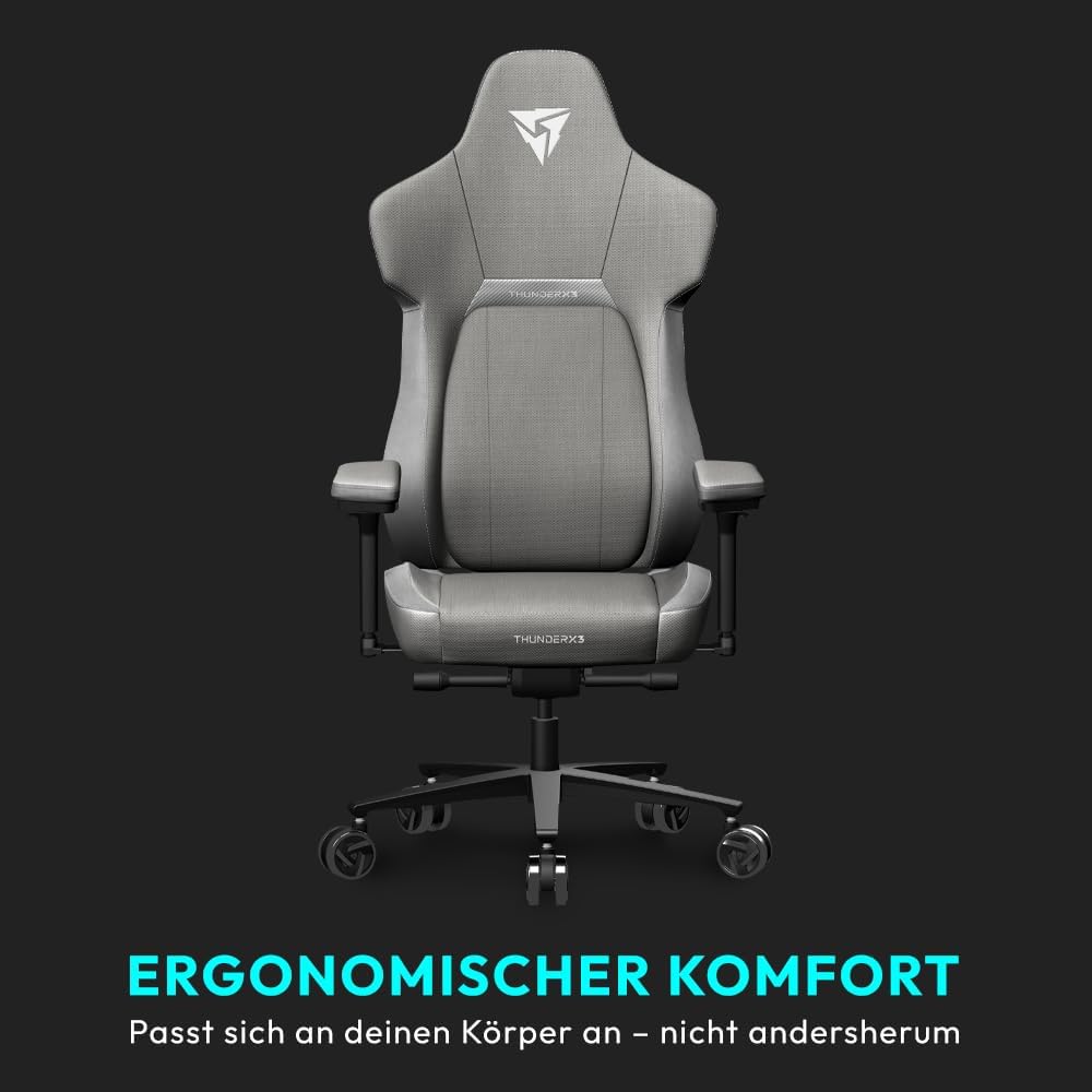 THUNDERX3 CORE Gaming Chair, for Adults Ergonomic Office Chair, High Back Desk Chair, Synchronous Tilt, Forward Tilt, 360° Self-adjusting Lumbar Support, Multipurpose Footrest, Fabric, Loft Light Grey