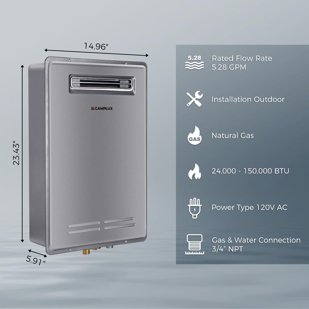 CAMPLUX Climatech 5 Tankless Water Heater Gas Outdoor 5.28 GPM Up to 6.4 GPM, 150,000 BTU On Demand Instant Tankless Hot Water Heater Natural Gas, Outdoor Installation, White, WA528, CSA