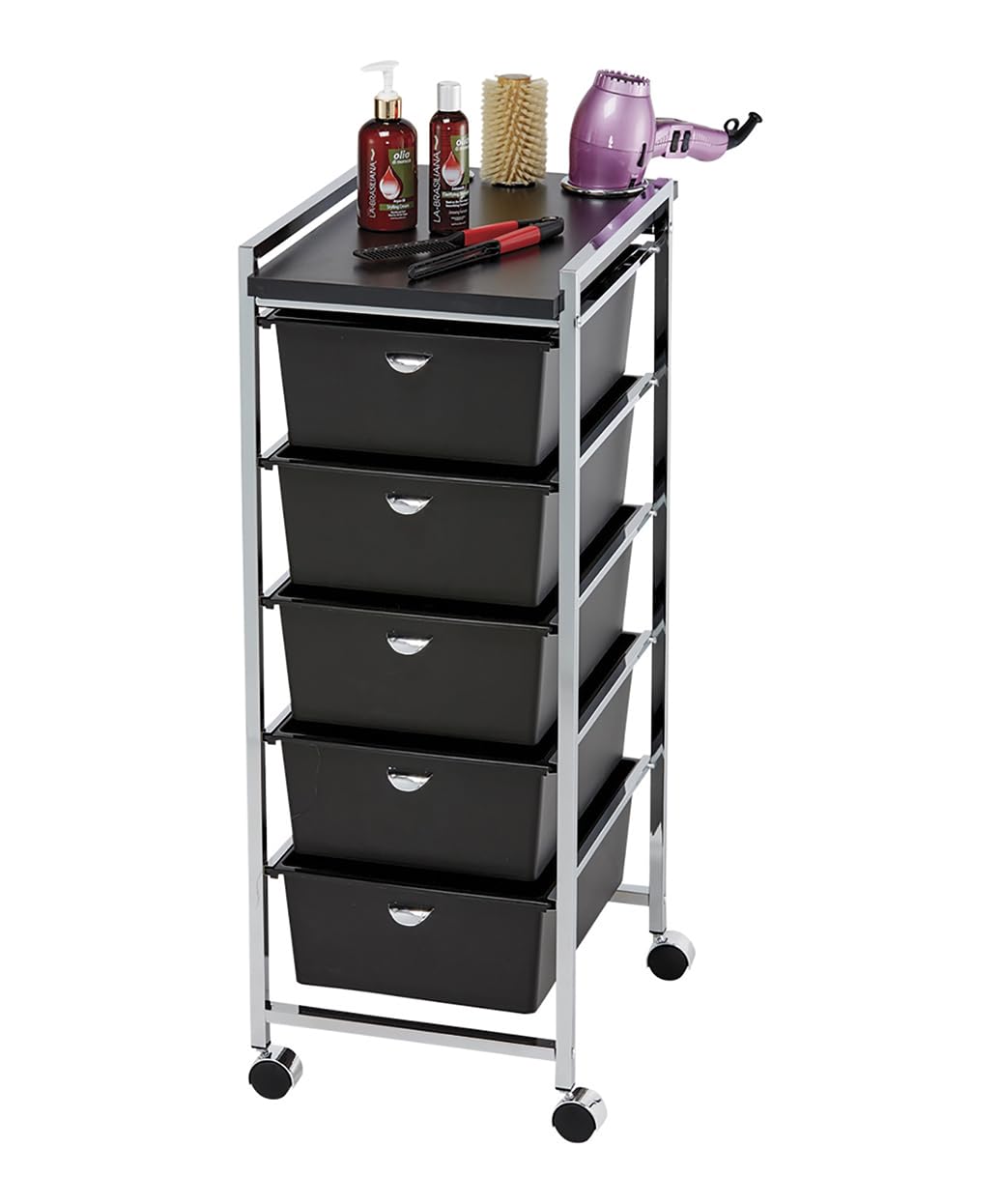 Pibbs D29-BLK 5-Tier Professional Salon Utility Cart with Wheels - Black Styling Station with Metal Appliance Holders, Extra-Large Work Surface & 5 Removable Storage Drawers – Durable & Mobile