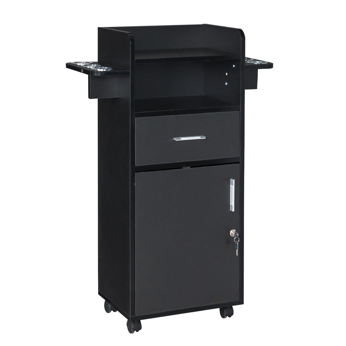 JHshop Black Beauty Salon Storage Trolley Cart, Hair Salon Stations Cabinet for Stylist with 6 Tool Holders Equipment with Rolling Wheels, Drawer Barber Salon Furniture