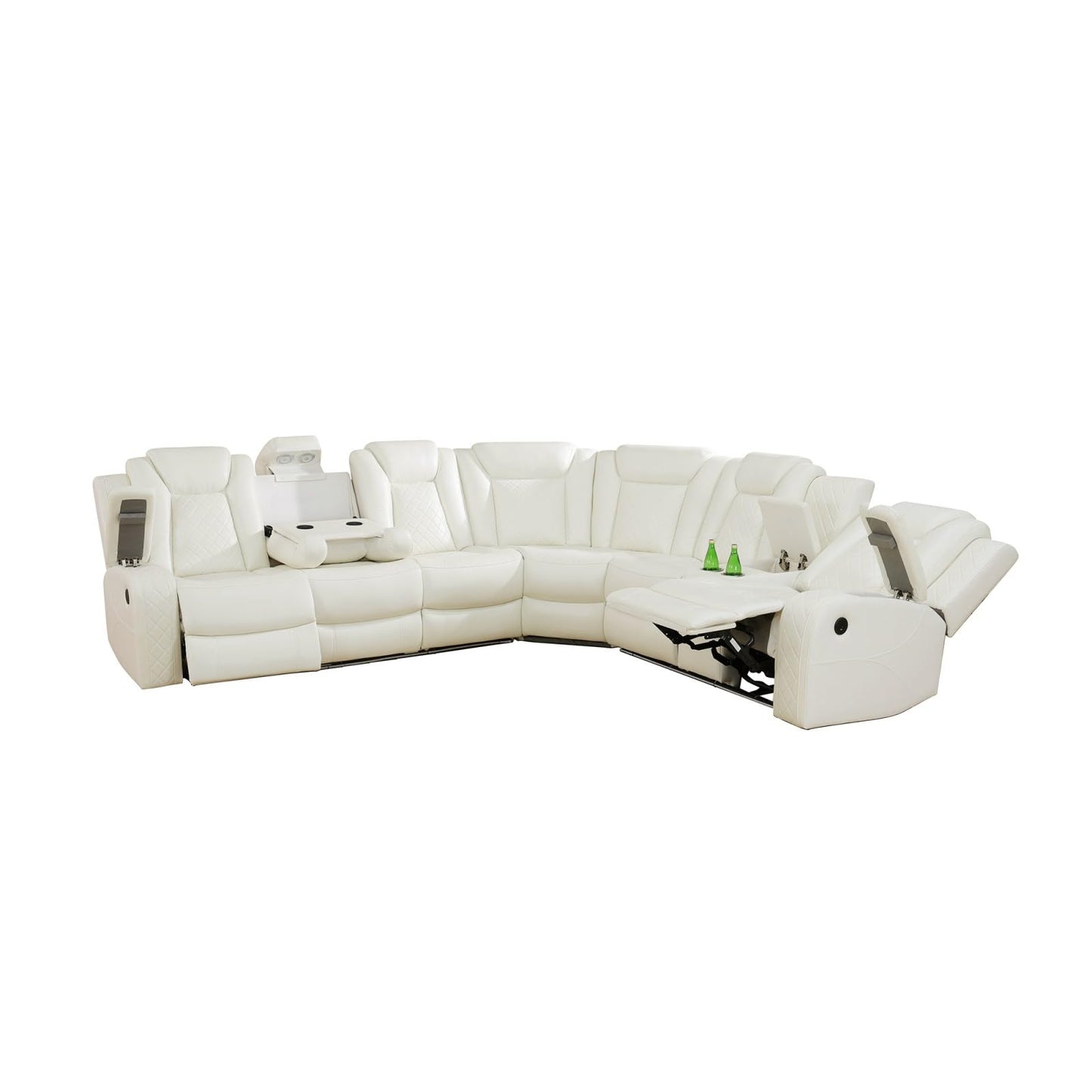 Reclining Sectional, Power Sectional Couch, Leather Sofa Set for Living Room, Comfy Home Theater Seating with USB 2.0 Charging Ports, LED Light Strips, Fold-Down Table & Cupholders (White, 3-Piece)