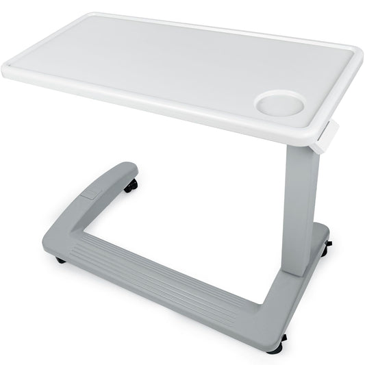 Vaunn Medical Pneumatic Adjustable Overbed Exam Bedside Table with Wheels (Hospital and Home Use), New Tabletop, Light Gray
