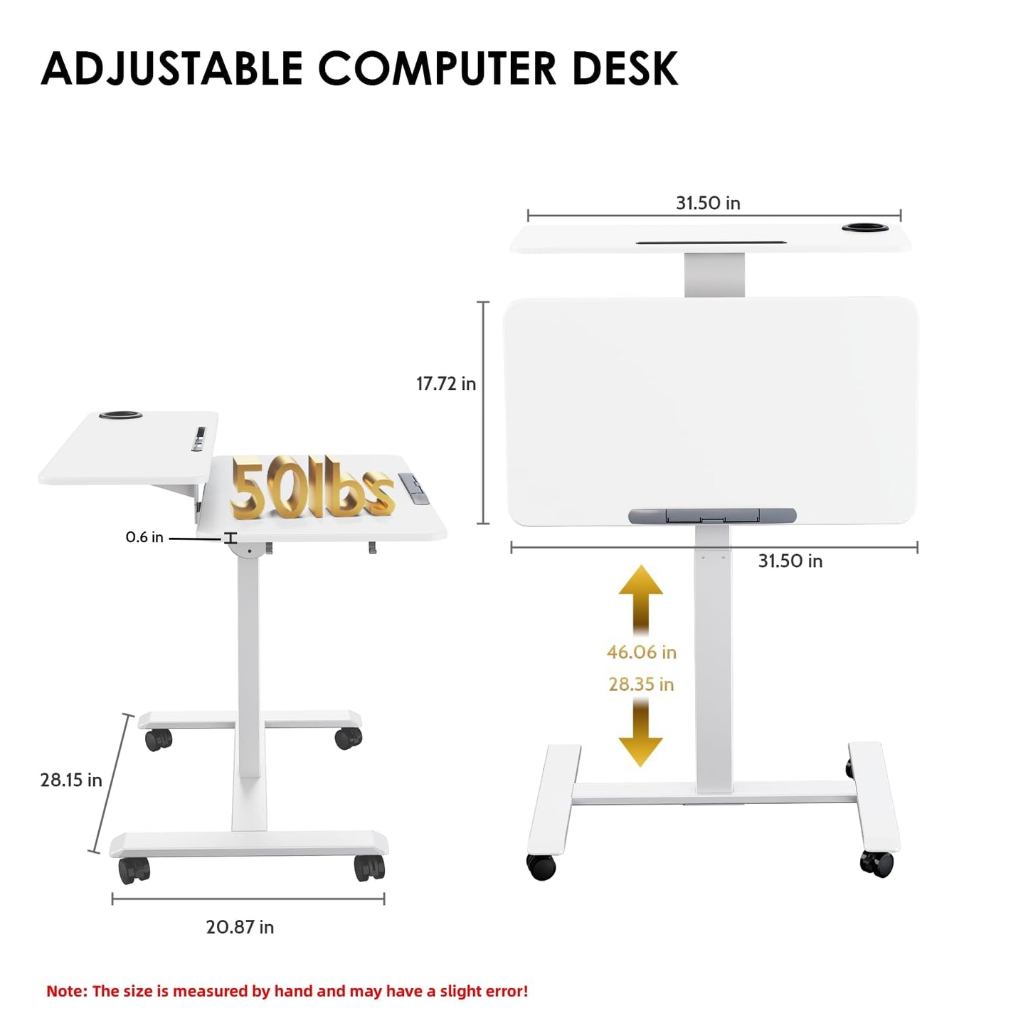 TecbL Pneumatic Standing Desk with Wheels - Adjustable Height 28" - 46" & 0-90° Tilt, 31.5" x 17.7" Skin-Feel Desktop, Rolling Computer Desk for Home Office, Hospital, School (White)