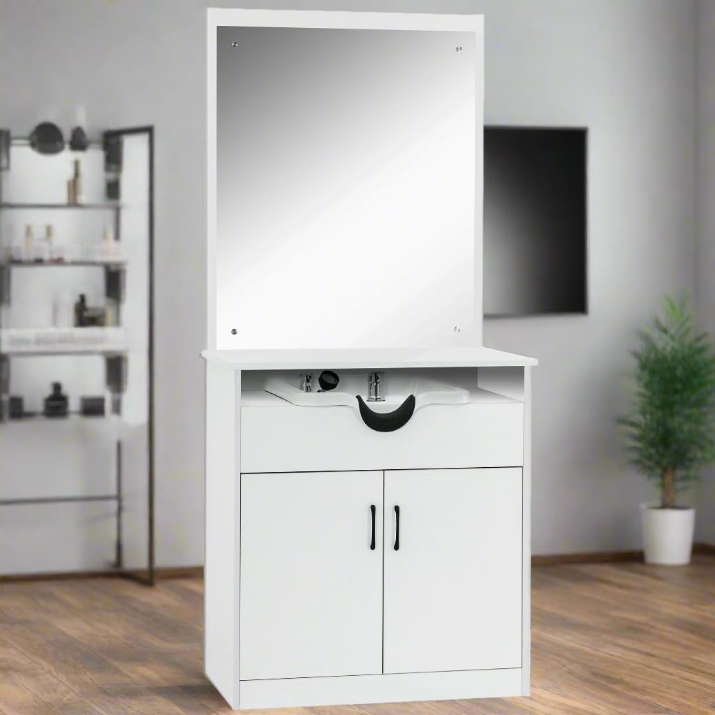 BarberPub Backwash Shampoo Bowl Sink Chair Station with Mirror Salon Styling Cabinet Spa Equipment 3130 (White)