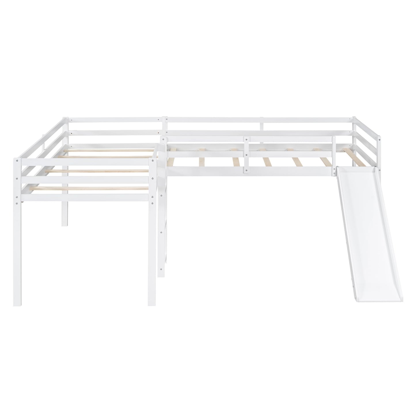 Favfurish L-Shaped Twin Size Loft Bed with Ladder and Slide,Solid Wood Structure Bed Frame,w/Safety Guardrail & Slat Supports,Space Saving,Easy to Assemble,for Kids,Teens,Girls & Boys,White
