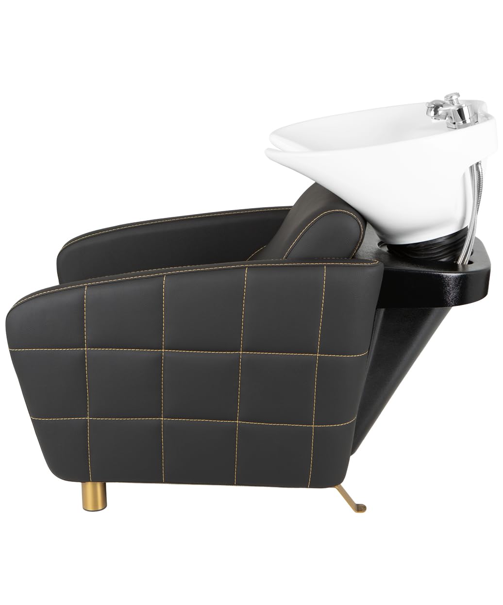 Buy-Rite Zara Shampoo Backwash Unit with Gold Stitching for Professional Salons, Tilting Porcelain Bowl, Extra Lumbar Support, Wide Seat for Comfort, Modern European Design, YLG-192-BW-GOLD-WHITEBOWL