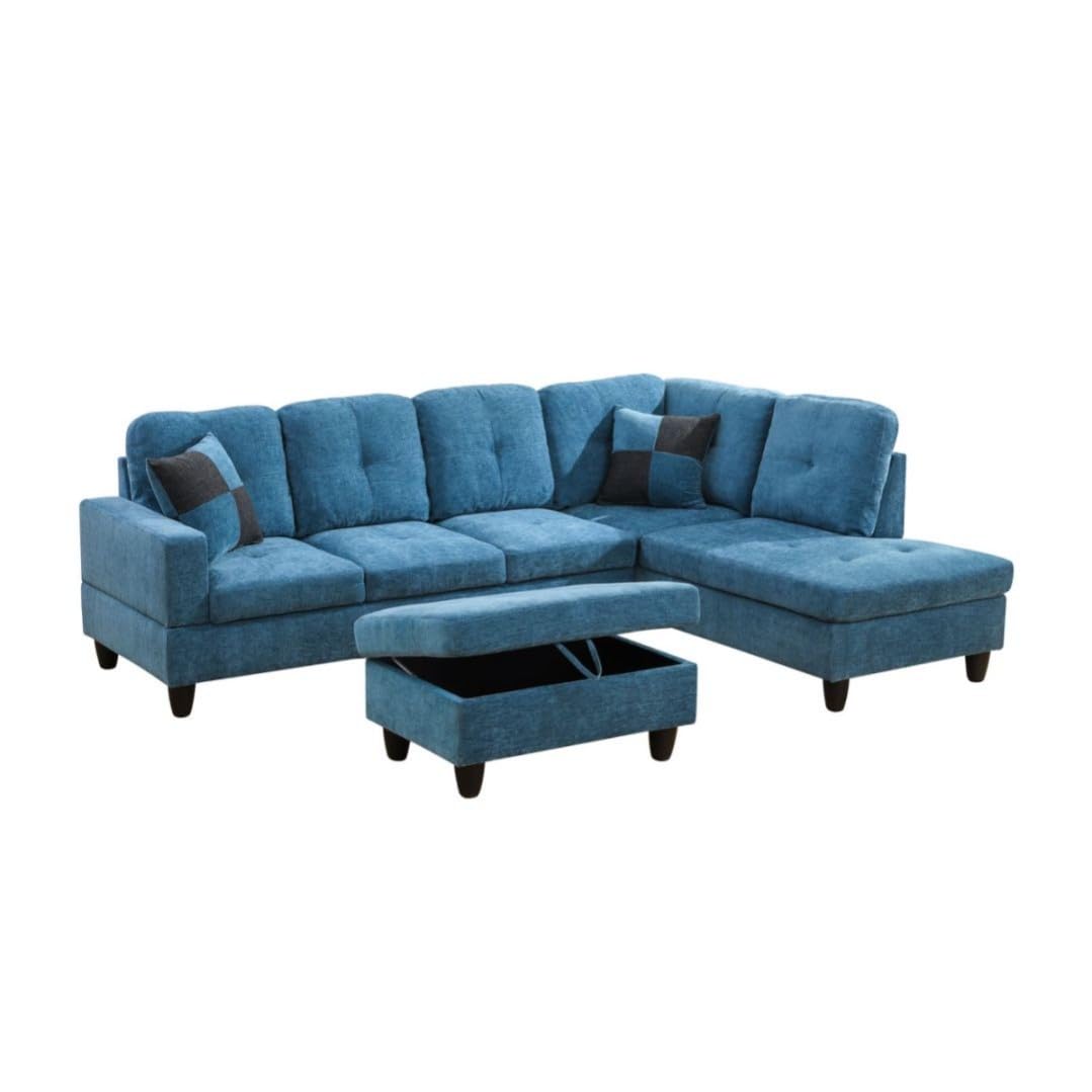 UOCFYK L-Shaped 3-Piece Flannel Sofa with Storage Ottoman Set, Sectional Couch Sofa Set for Living Room, Office, Small Space, Blue