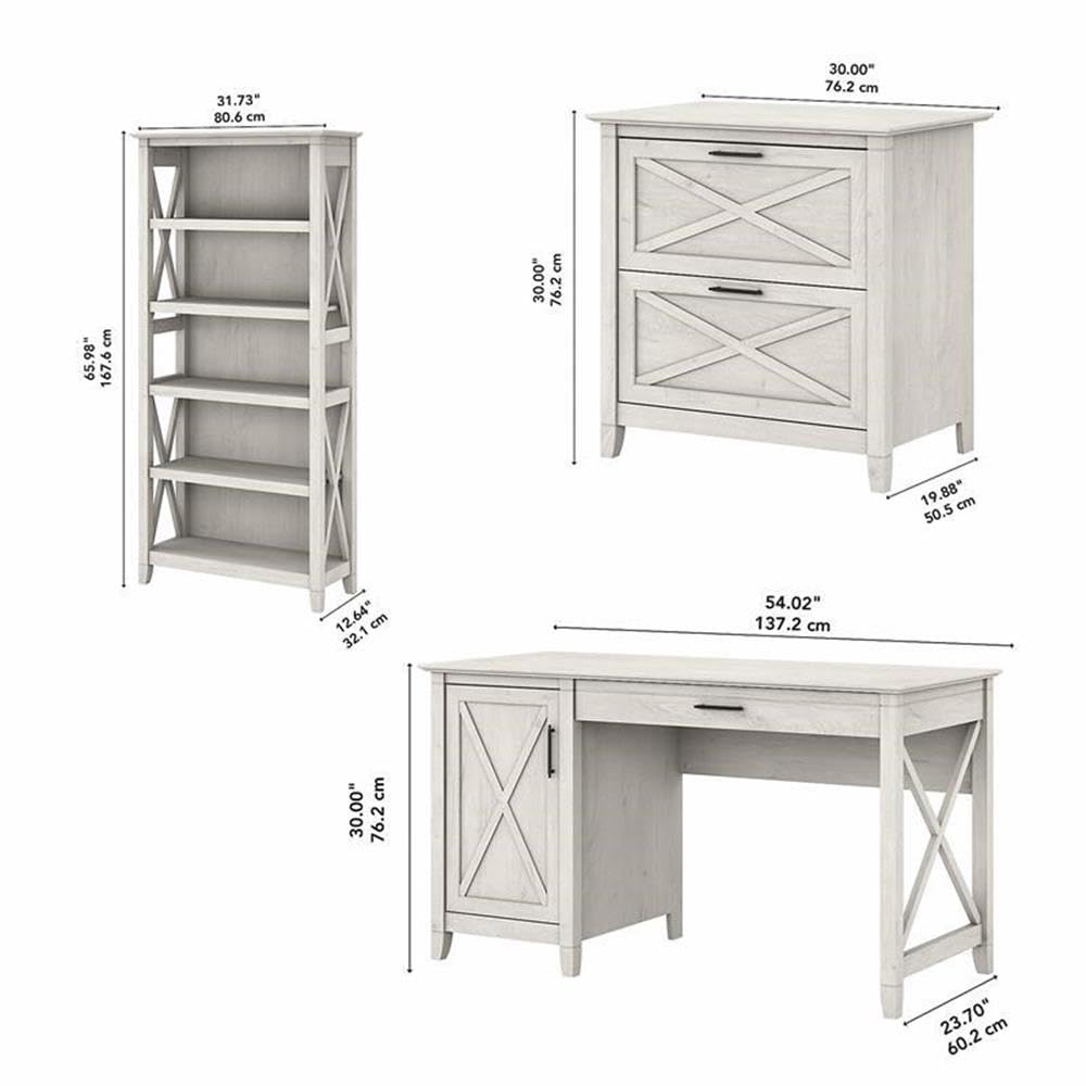 Bush Home Key West 54W Computer Desk with 2 Drawer Lateral File Cabinet and 5 Shelf Bookcase in Linen White Oak