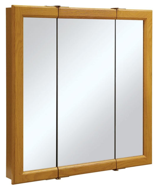 Pemberly Row Modern Wood Medicine Cabinet, Honey Oak Finish, 30-Inch Tri-View Mirror, Water-Resistant Design, 3 Doors and 2 Shelves, Decorative Bathroom Storage and Organization