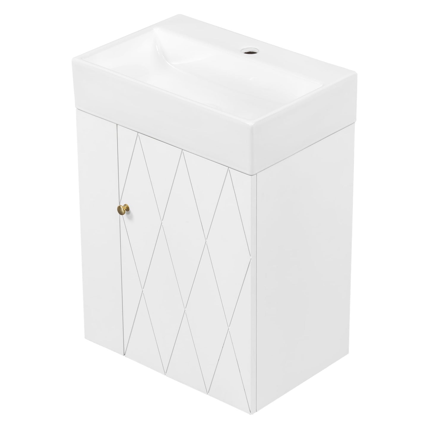 20" Floationg Wall-Mounted Bathroom Vanity with Ceramic Sink, Adjustable Shelf, Toilet Paper Holder, Modern Style, Door with Diamond Design, White