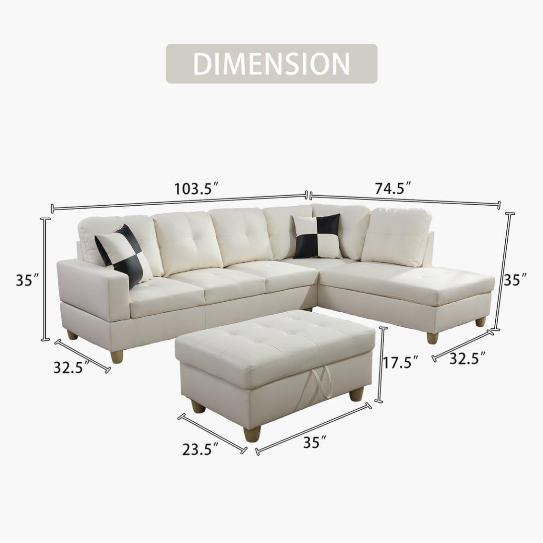 UOCFYK White L-Shaped 3-Piece Faux Leather Sofa with Storage Ottoman Set, Sectional Couch Leather-Like Sofa Set for Living Room, Office, Small Space