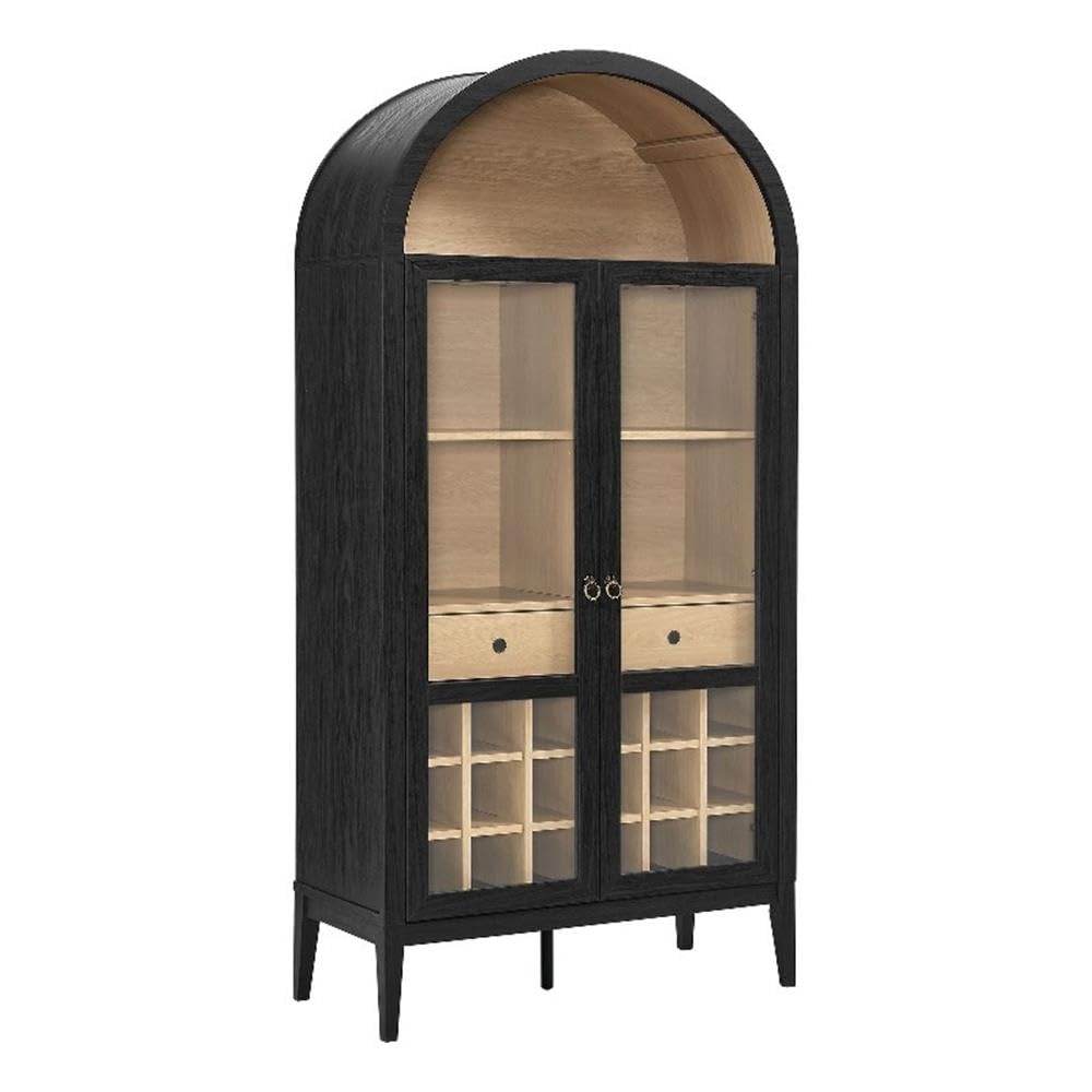 Modway Nolan Modern Farmhouse Arched Bar Cabinet in Black Wood Grain - 72 Inch Tall Wine Storage Cabinet with Glass Doors and Wine Rack - Large Liquor Cabinet for Dining or Living Room