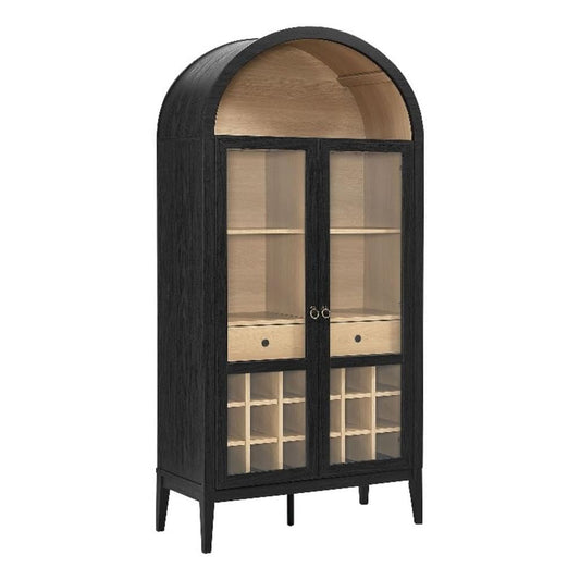 Modway Nolan Modern Farmhouse Arched Bar Cabinet in Black Wood Grain - 72 Inch Tall Wine Storage Cabinet with Glass Doors and Wine Rack - Large Liquor Cabinet for Dining or Living Room