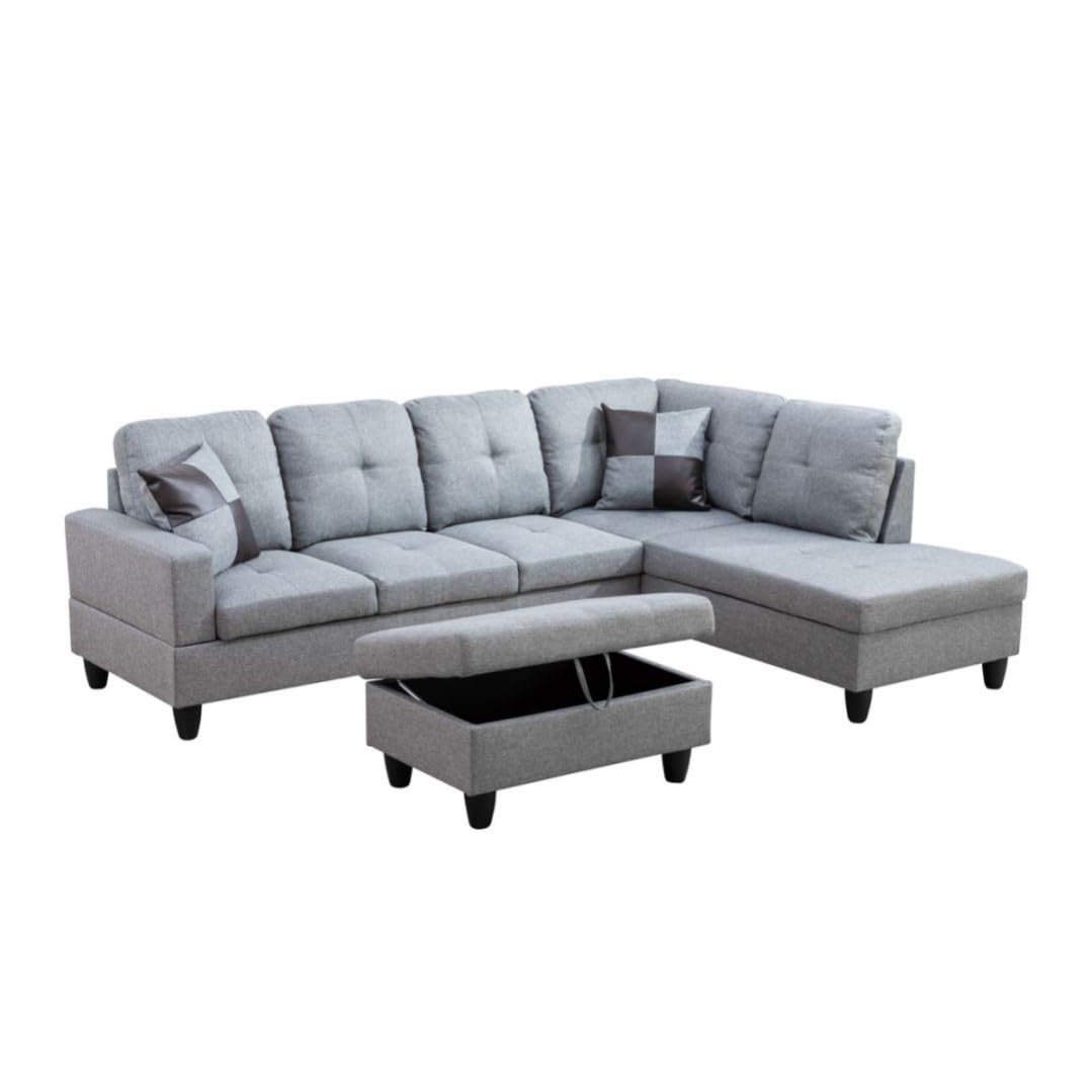 UOCFYK L-Shaped 3-Piece Linen Sofa with Storage Ottoman Set, Sectional Couch Sofa Set for Living Room, Office, Small Space, Grey