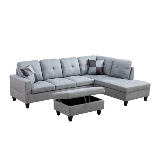 UOCFYK L-Shaped 3-Piece Linen Sofa with Storage Ottoman Set, Sectional Couch Sofa Set for Living Room, Office, Small Space, Grey