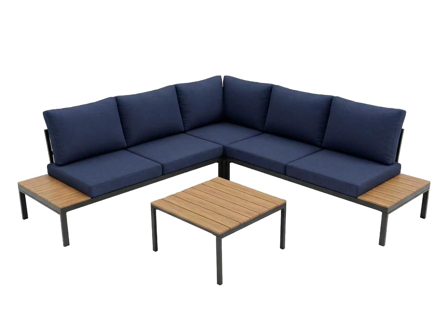 KEIKI 4-Piece L-Shaped Outdoor Patio Furniture Set, Rattan Patio Conversation Set with Coffee Table & 1 Corner Sofa & 2 Double Sofa, Wicker Curved Sectional Sofa Set, for Backyard, Dark Blue