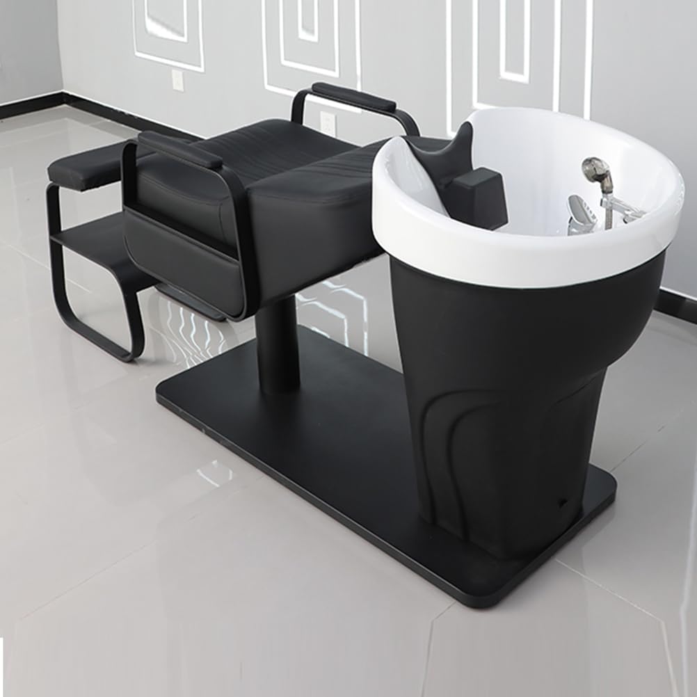 Shampoo Bed with Step Footstool and Ceramic Basin Set - Salon Shampoo Basin and Backwash Unit, Hair Care Massage Treatment Chair Semi-Reclining