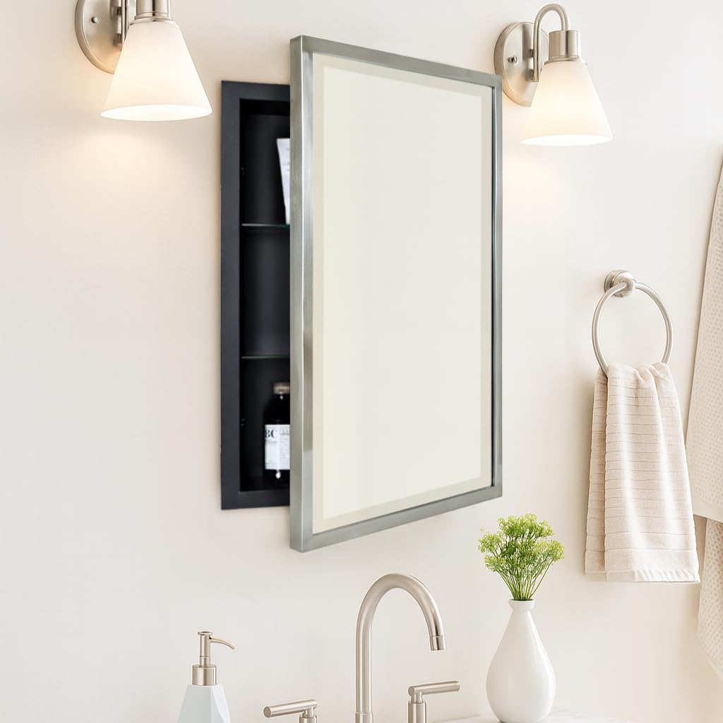 TEHOME Brush Nickel Metal Framed Recessed Bathroom Medicine Cabinet with Mirror Rectangle Tilting Beveled Vanity Mirrors for Wall 16 x 24 inches