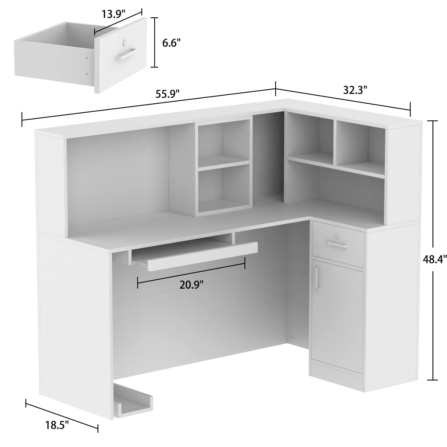 AIEGLE Reception Desk with Counter Drawers & Storage Shelves, L-Shaped Reception Counter Table for Salon Reception Room Checkout Office, White (55.9" L x 32.3" W x 48.4" H)