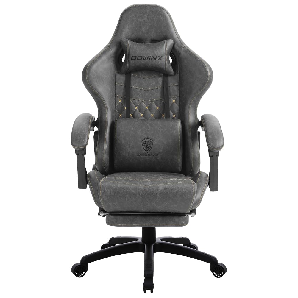 Dowinx Gaming Chair Big and Tall, Ergonomic Game Chair for Adults with Footrest and Massage Lumbar Support, High Back Computer Gamer Chair PU Leather, 350Lbs, for Office, Home, Grey