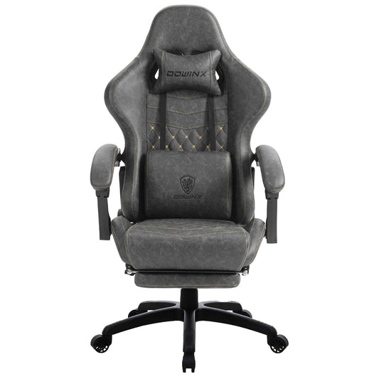 Dowinx Gaming Chair Big and Tall, Ergonomic Game Chair for Adults with Footrest and Massage Lumbar Support, High Back Computer Gamer Chair PU Leather, 350Lbs, for Office, Home, Grey