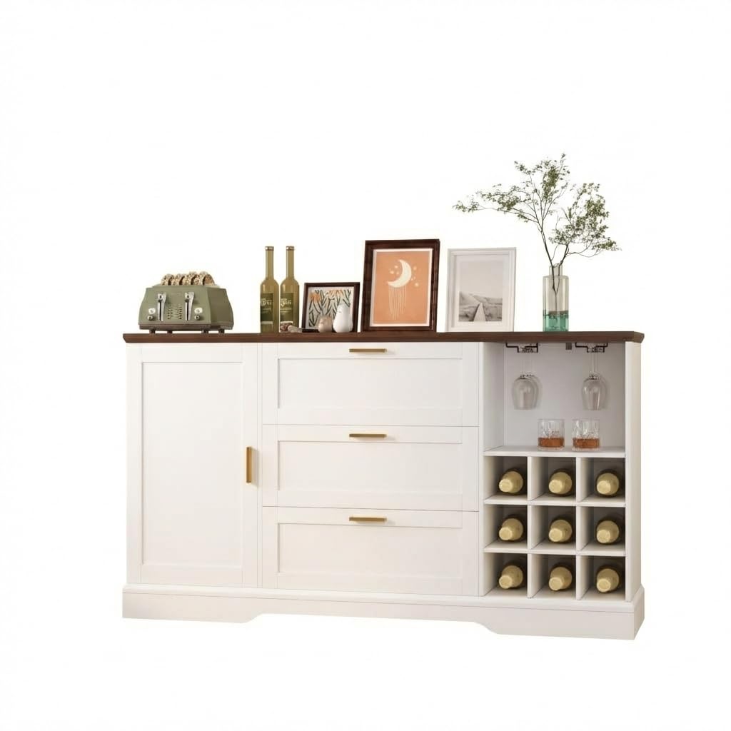 63 Inch Farmhouse Sideboard Buffet with Drawer Adjustable Shelves,Kitchen Island with Door-Back Rack for Snacks,Coffee Bar Buffet with Wine Racks Storage for Kitchen Entryway White and Walnut