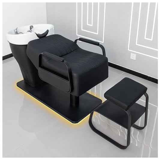 Shampoo Bed with Step Footstool and Ceramic Basin Set - Salon Shampoo Basin and Backwash Unit, Hair Care Massage Treatment Chair Semi-Reclining