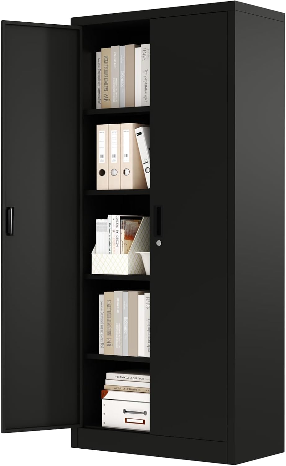 71" Metal Storage Cabinet with Doors, Lock and 4 Adjustable Shelves, Tall Pantry Cabinet for Garage, Office, Bedroom, Shop, Craft Room, Steel Storage Organizer with Adjustable Feet,Black