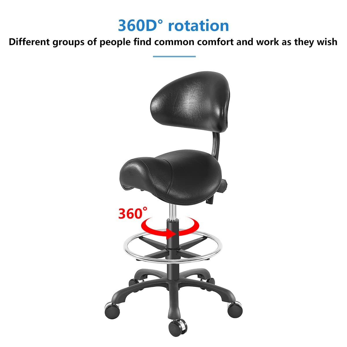 Ergonomic Adjustable Drafting Chair with Oversized Saddle Seat, Heavy-Duty Esthetician Stool for Salon Office Workshop Stool, Smooth Casters for Hard Soft Floors(with Backrest/Footrest,Black)