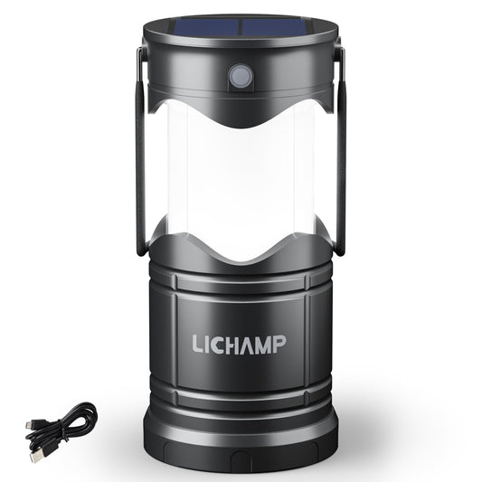 Lichamp Solar Camping Lantern, USB Rechargeable LED, 3 Modes, Dark Gray, Model CLS-K001GH
