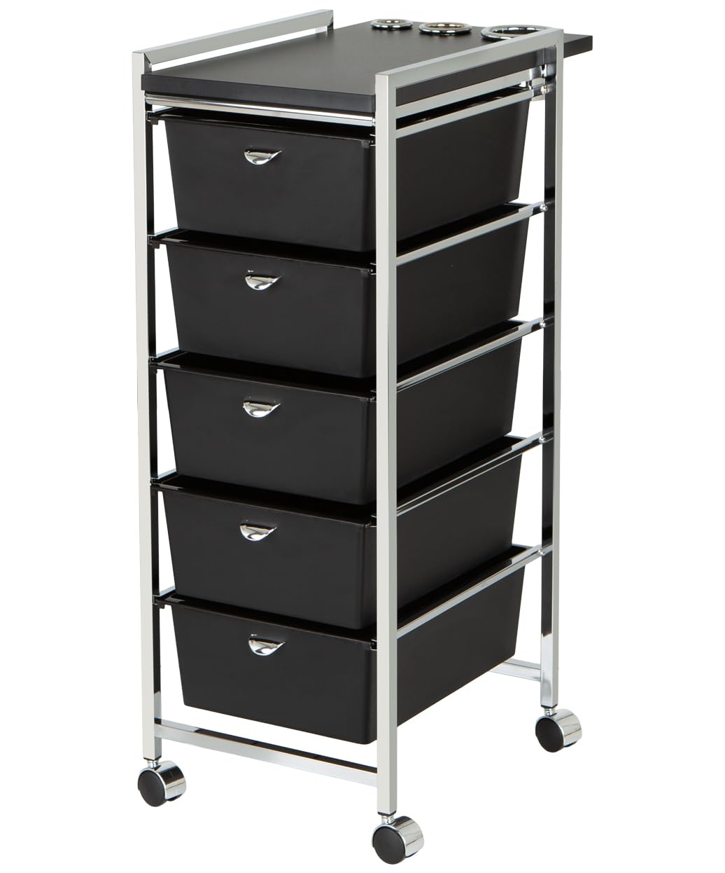 Pibbs D29-BLK 5-Tier Professional Salon Utility Cart with Wheels - Black Styling Station with Metal Appliance Holders, Extra-Large Work Surface & 5 Removable Storage Drawers – Durable & Mobile