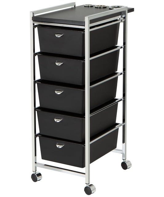 Pibbs D29-BLK 5-Tier Professional Salon Utility Cart with Wheels - Black Styling Station with Metal Appliance Holders, Extra-Large Work Surface & 5 Removable Storage Drawers – Durable & Mobile
