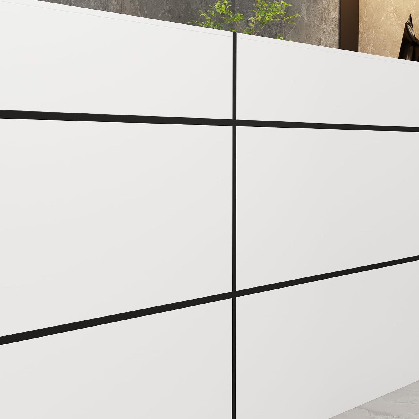 FAMAPY Reception Desk with Shelves, Modern Front Counter Table Checkout Retail Counter for Reception Room Lobby Shop, White and Black, 23.6”D x 86.6”W x 39.3”H