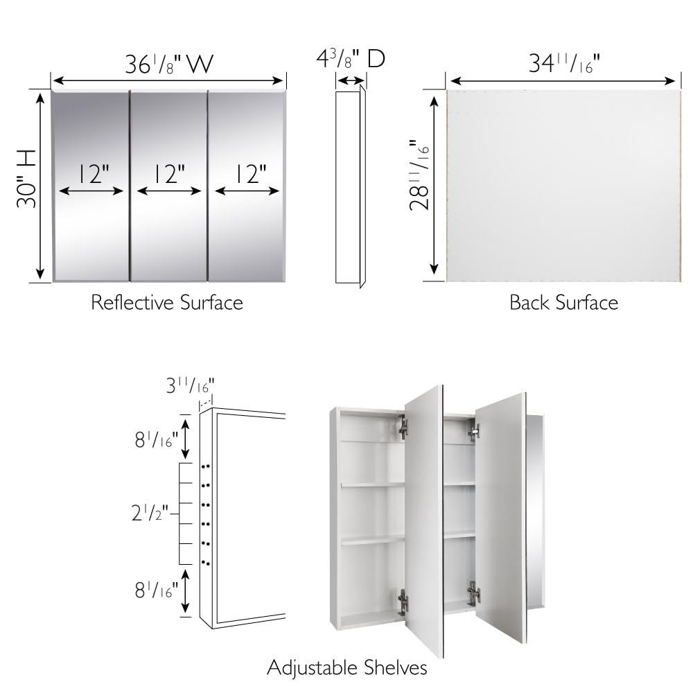Design House 36 Inch Cyprus Bathroom Medicine Cabinet, Durable Pre-Assembled Wall Mounted or Recessed with Frameless Mirrored Doors, White Cabinet, 597500