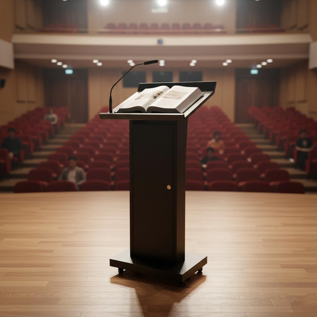 MOOFI Mobile Podium Stand with Wheels, Heavy Duty Rolling Lectern with Lockable Casters, Black Metal Pulpit with Storage Cabinet for Church, Classroom, Office & Conference Presentations