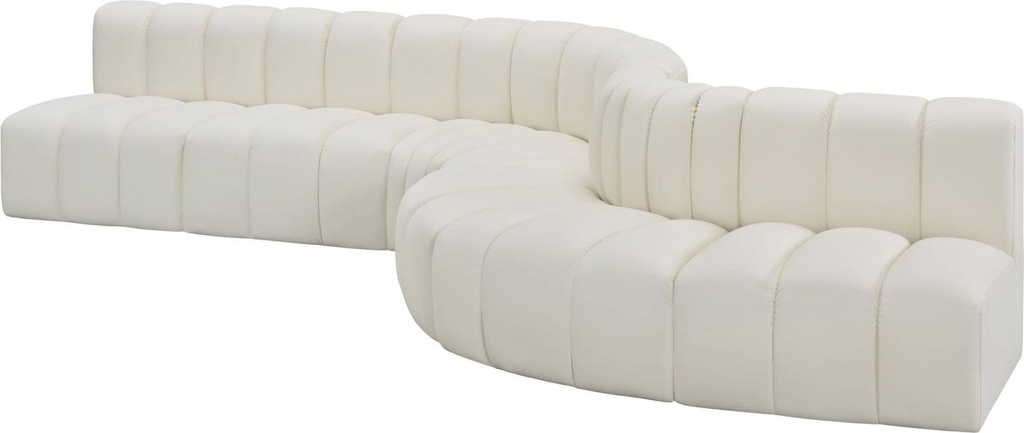 Meridian Furniture 101Cream-S7C Arc Collection Modern | Contemporary Modular Sofa with Soft Cream Vegan Leather, Deep Channel Tufting, Modular Design, 170" W x 62" D x 30" H, Cream