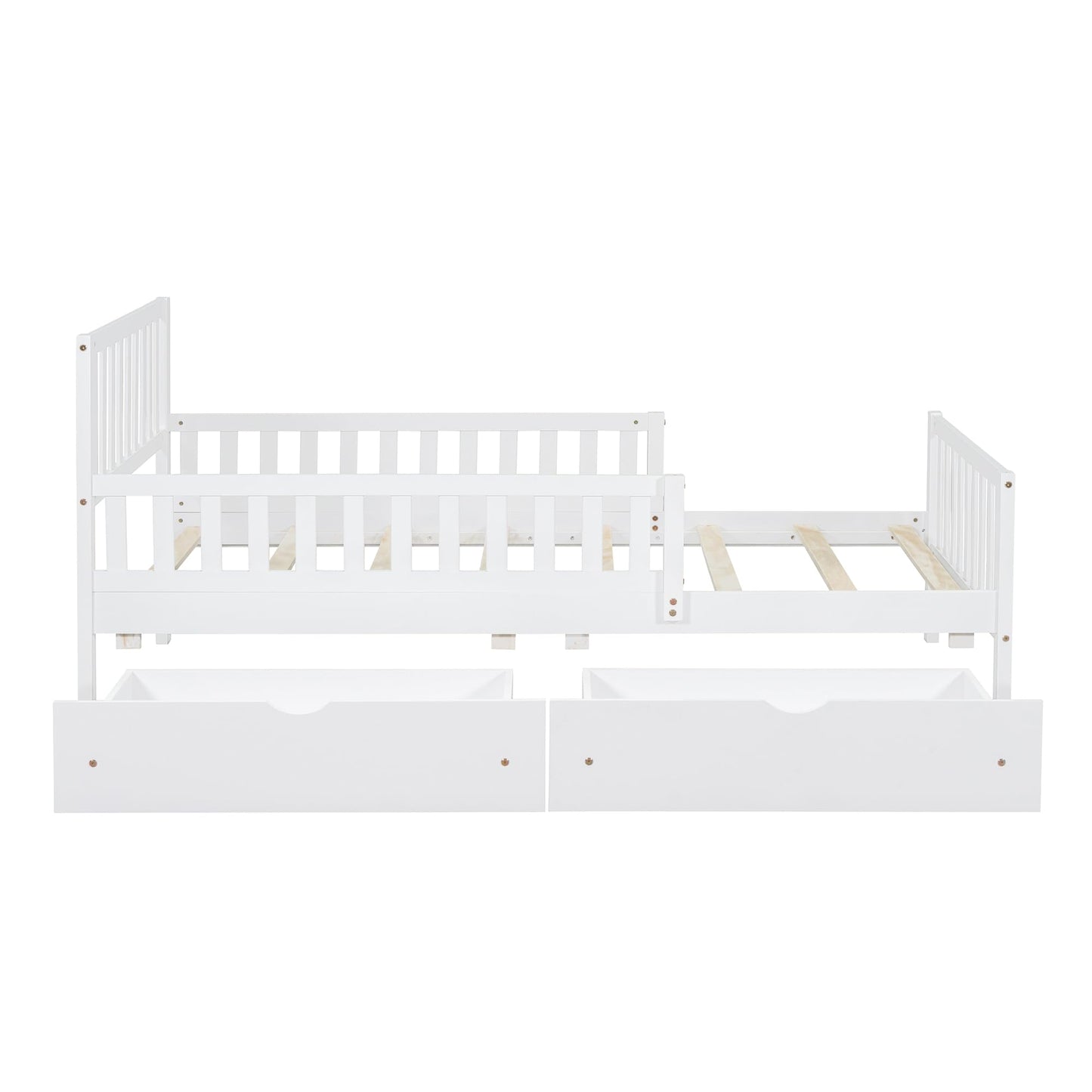 Merax Twin Size Platform Bed with 2 Storage Drawers and Both Sides Guardrails, Wood Bed Frame for Bedroom, Guest Room, No Box Spring Needed, White