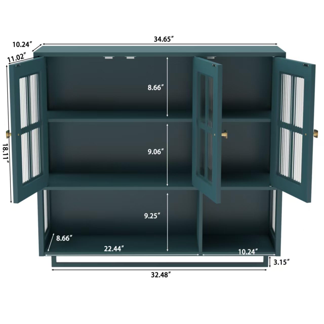 GDFStudio 34.65" Modern Wall Mounted Bathroom Cabinet with Glass Doors, Medicine Cabinet Organizer with Hidden Storage, Open Shelf & Towel Bar, Storage Cabinet for Bathroom Living Room, Dark Green