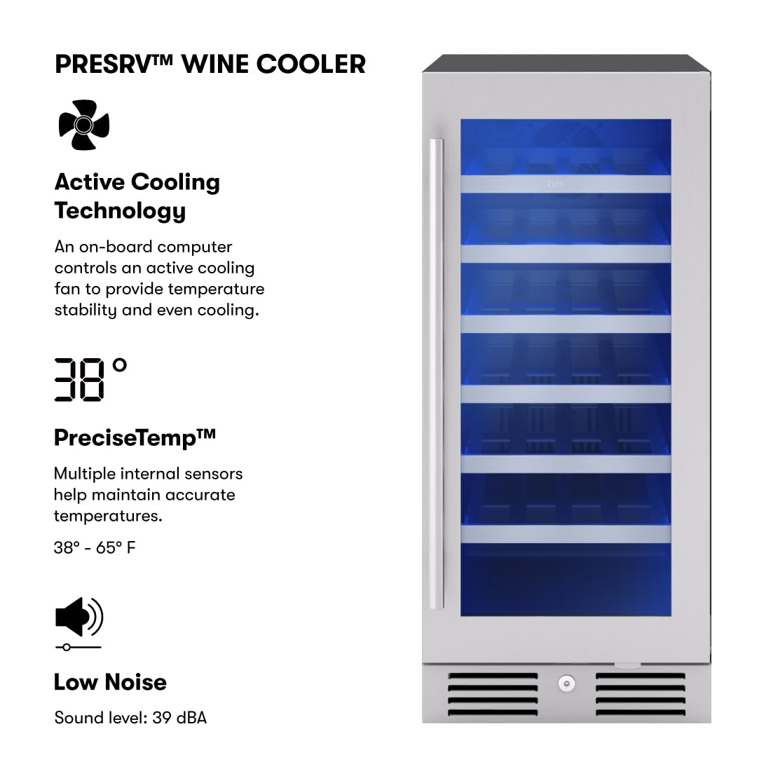 Zephyr Presrv 15 Inch Wine Fridge Single Zone Under Counter - Slim Narrow Wine Cooler Cellars Small Cabinet Wine Refrigerator Home Bar Chiller Freestanding with Glass Door - 27 x 750ml Bottles