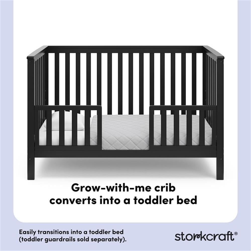 Pemberly Row 4-in-1 Convertible Pine Wood Crib, Black Finish, Adjustable 4-Position Base, Modern Nursery Bed Converts to Toddler, Daybed, Full-Size Bed, JPMA Certified Safe