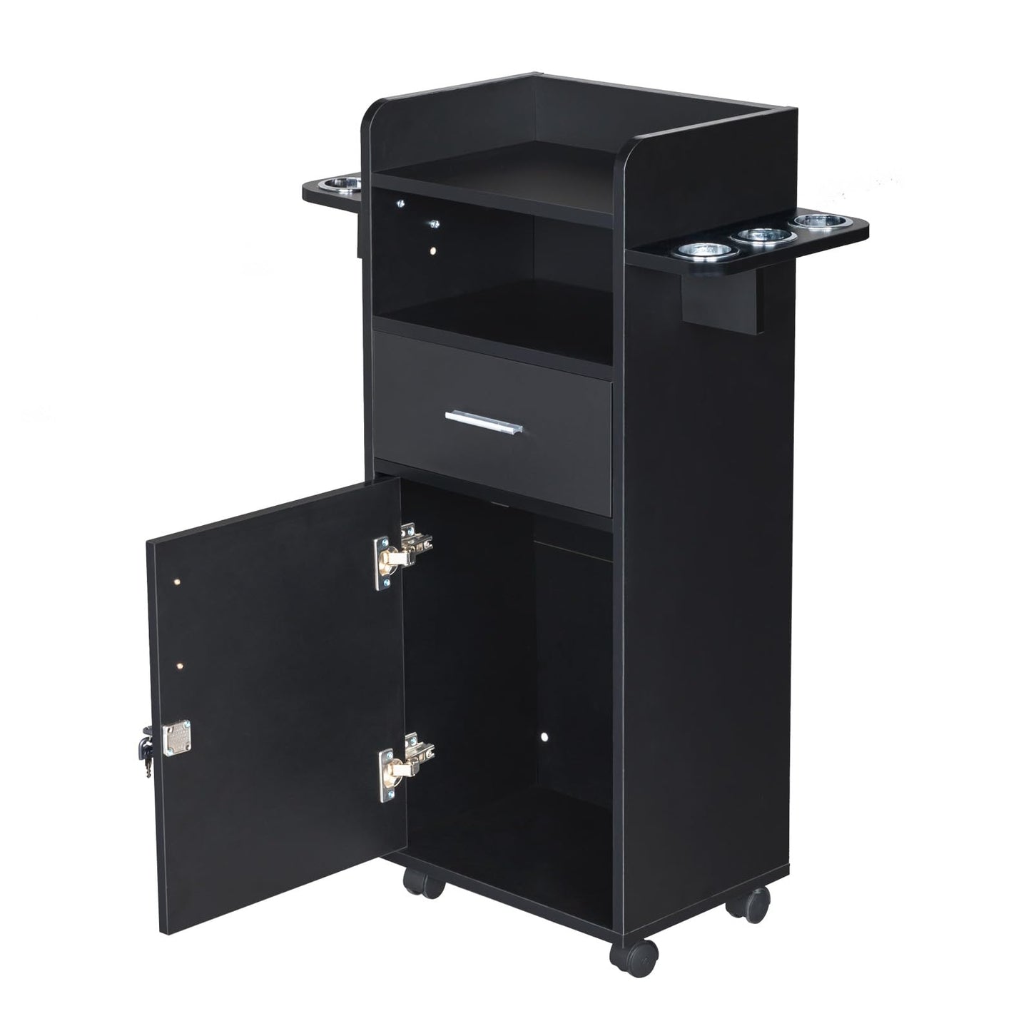 Salon Trolley Cart - Professional Hairdressing Rolling Cart with Tool Holders, Swivel Wheels, Black Salon Storage Cabinet for Beauty, Barbershop, Mobile Stylist, Heavy Duty Rolling Organizer Carts