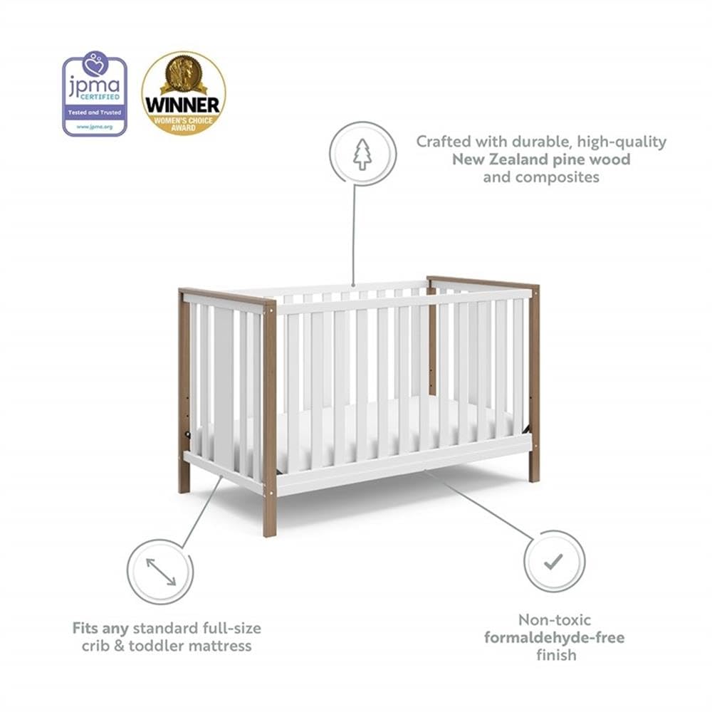 Pemberly Row Wood 4-in-1 Convertible Crib, 54.57 in Wide, Adjustable Mattress Base, White/Driftwood Two-Tone Finish, JPMA Certified Nursery Bed, Converts to Toddler Bed, Daybed, Full-Size Bed