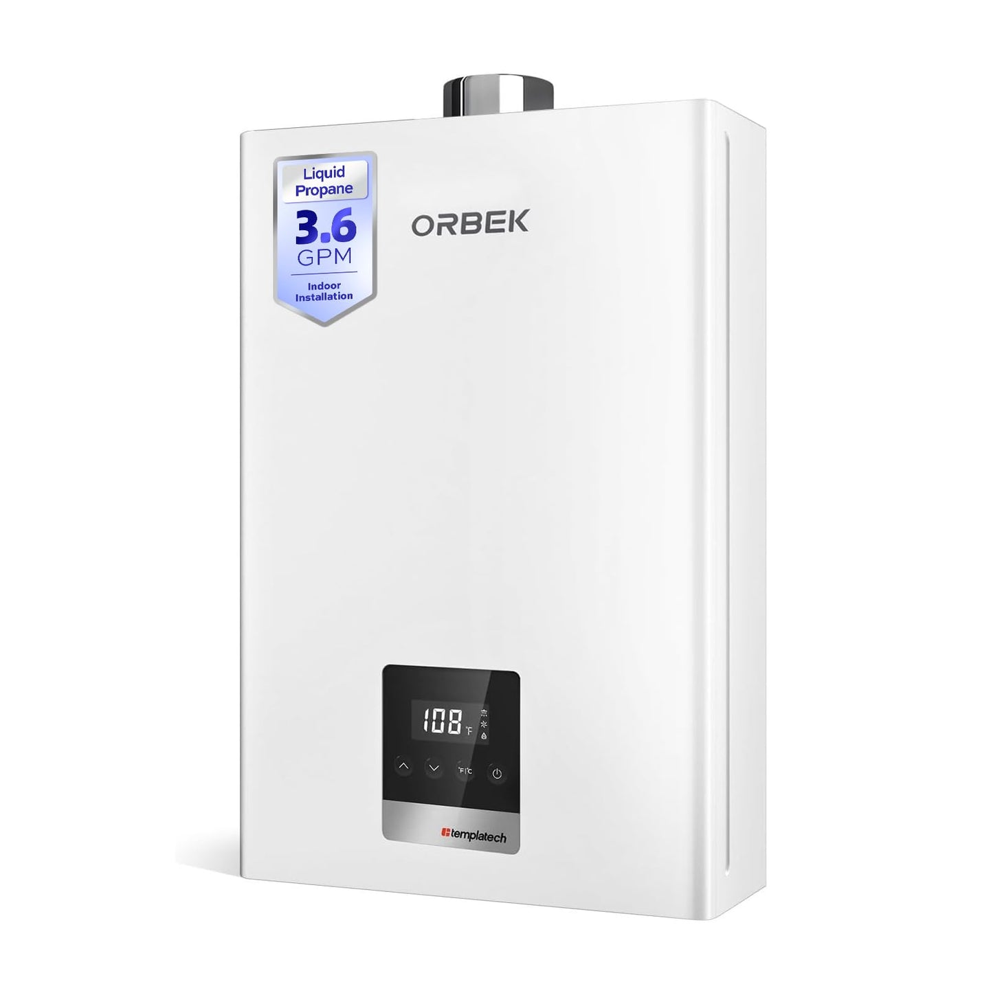 ORBEK Propane Tankless Water Heater 80,000 BTU 3.6 GPM Indoor CSA Certified Low Flow 0.53 GPM On-Demand for Cabins Tiny Homes 1-Bathroom with Remote Control LED Display