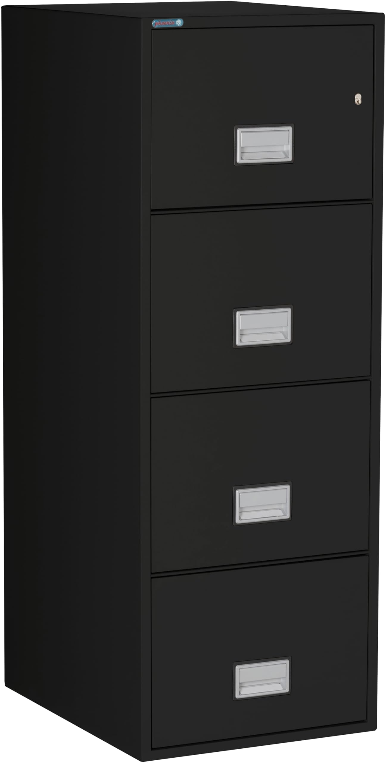 Phoenix Safe 25 inch 4-Drawer Vertical Fireproof File Cabinet – Legal and Letter Size Filing – Key Lock – Water Resistant Seal – Fire and Impact Rated – Black Finish – Model LGL4W25B