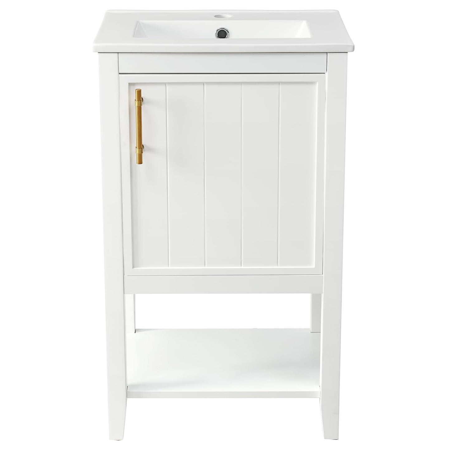 20" Small Bathroom Vanity with Ceramic Sink Top and Open Shelf, Soft-Closing Door and Rack Shelf, Solid Wood Legs, White
