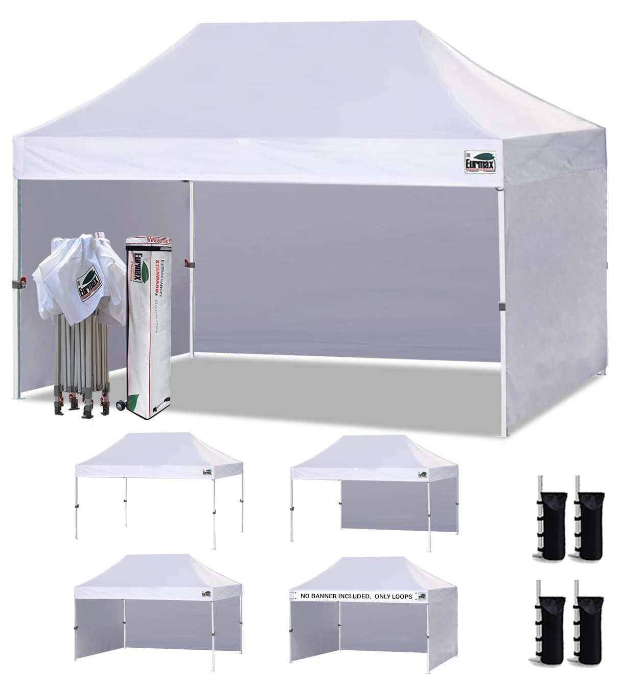 Eurmax USA 10x15 Pop Up Canopy Tent,Commercial Tent with Patented No-Tip Rolling Bag,4 Zippered Removable Walls,UV & Water Resistant Canopy Top,Heavy Duty Outdoor Gazebo,Instant Shelter(White)