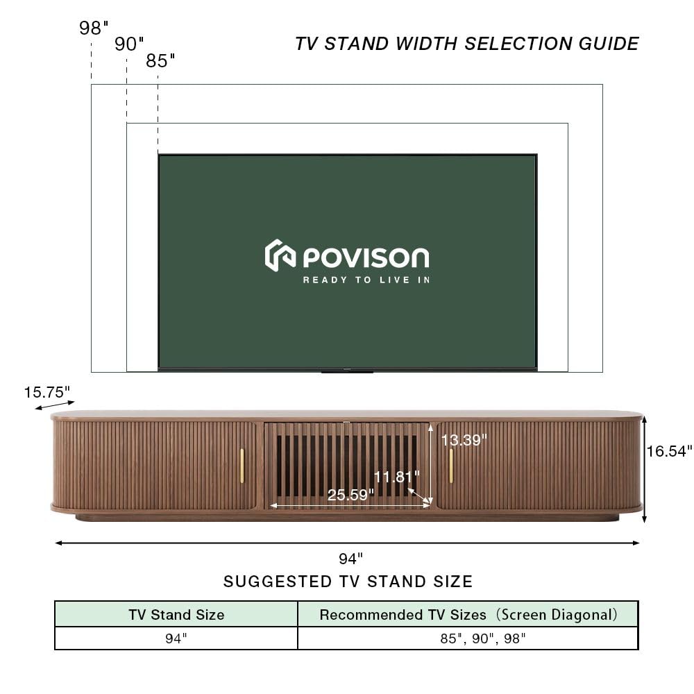 POVISON Fully-Assembled Mid-Century Modern Tambour Door TV Stand, Wood TV Console, Entertainment Center with Storage for 85+ inch TV, Media Console for Living Room